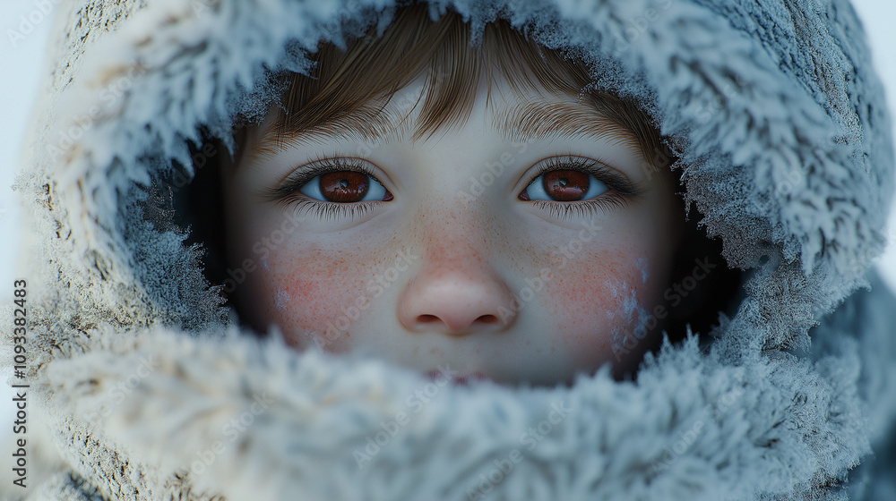 Close-up portrait of a child bundled in a warm fuzzy hood Close-up portrait of a child bundled in a warm fuzzy hood