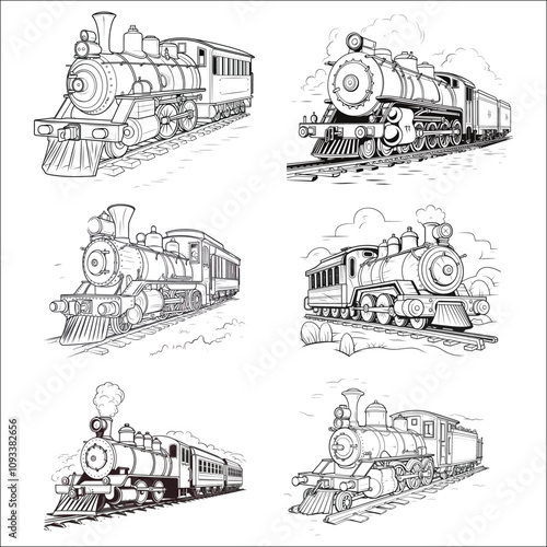 Line Drawing Locomotive Train Silhouette, Line Art Old Fashion Train Silhouette