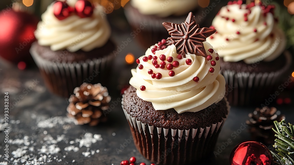 Detailed view of a holiday topper on a chocolate cupcake styled with decorative liners and festive props Detailed view of a holiday topper on a chocolate cupcake styled with decorative liners and festive props