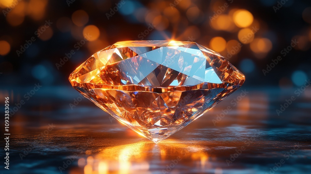 A sparkling orange diamond reflecting light against a blurred colorful background. A sparkling orange diamond reflecting light against a blurred colorful background.