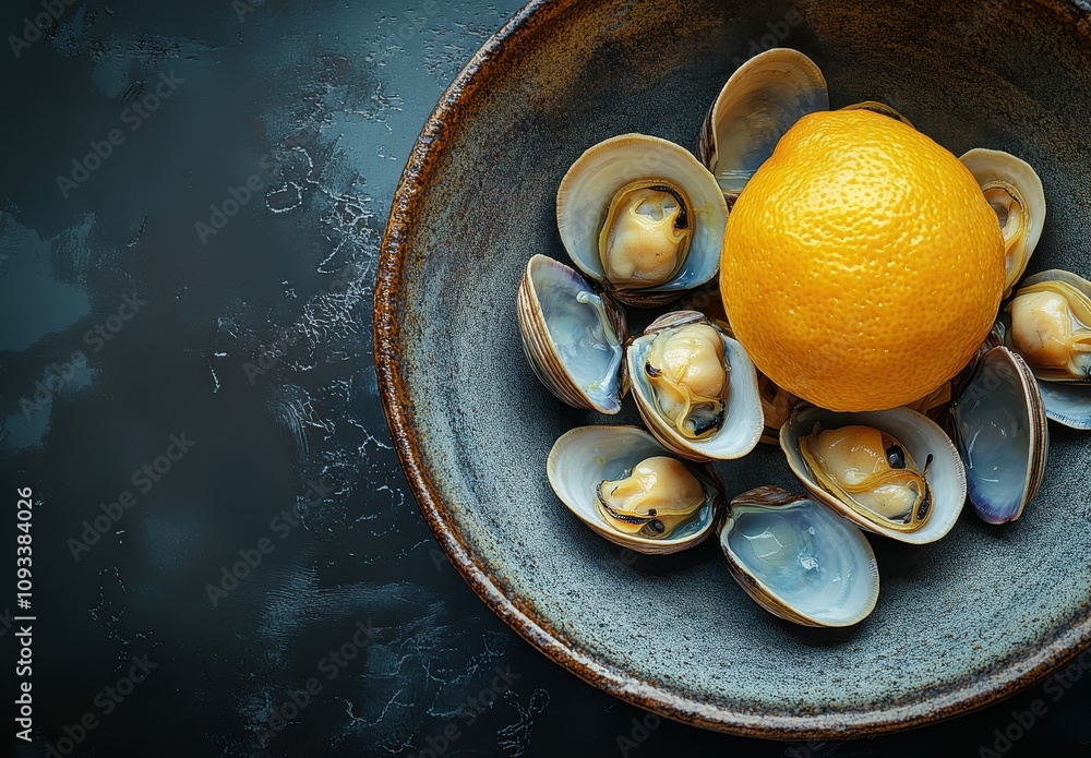 Fresh Clams and Bright Citrus Lemon Displayed in Textured Bowl Creating an Inviting Seafood Composition on Dark Background Fresh Clams and Bright Citrus Lemon Displayed in Textured Bowl Creating an Inviting Seafood Composition on Dark Background