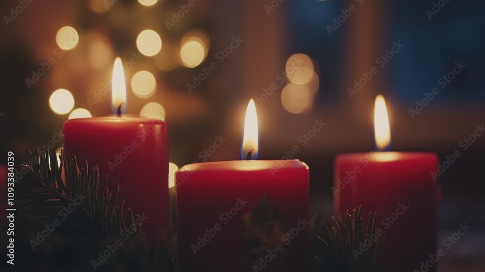 Three Red Candles Burning Brightly Near Christmas Tree Three Red Candles Burning Brightly Near Christmas Tree