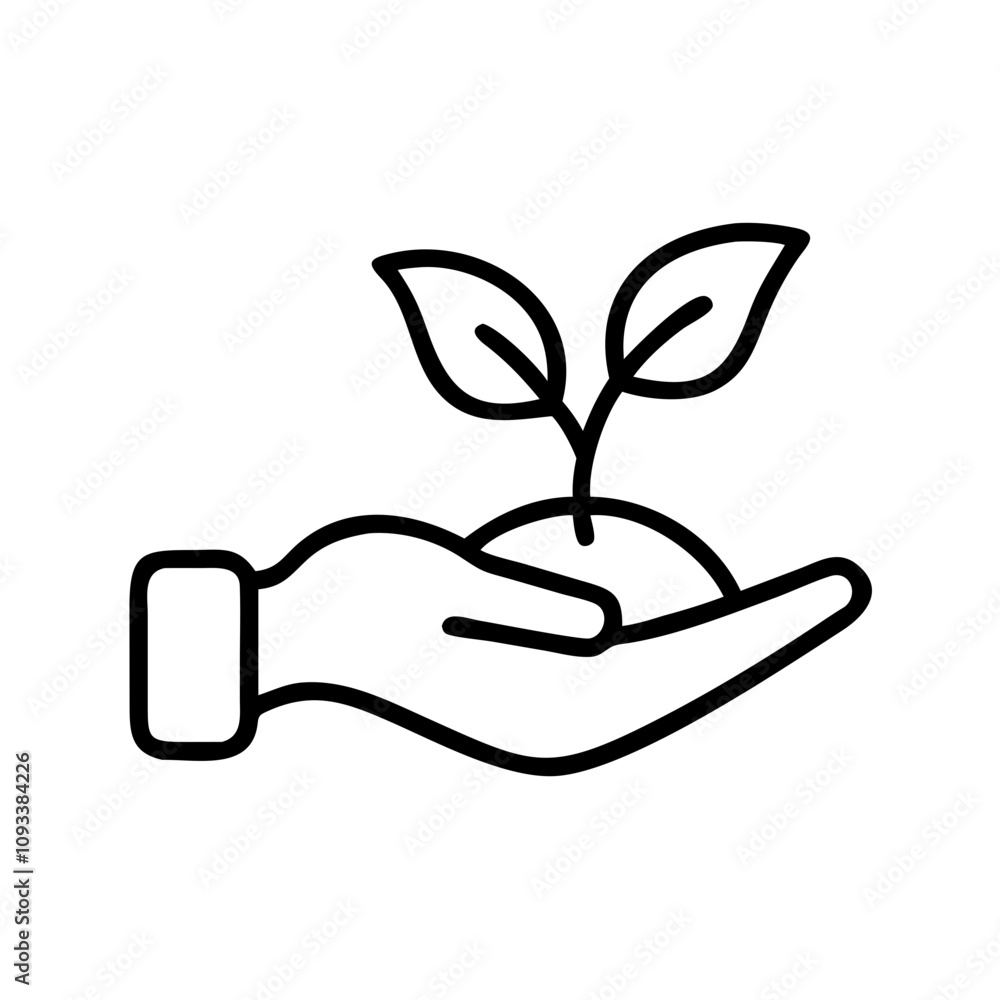 Hand holding a small plant with leaves, simple line art for eco-friendly concepts and gardening Hand holding a small plant with leaves, simple line art for eco-friendly concepts and gardening