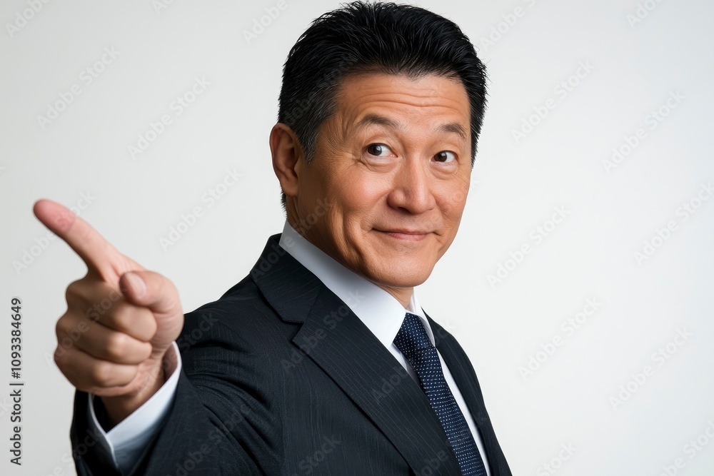 Asian businessman pointing side in white background with generative ai Asian businessman pointing side in white background with generative ai