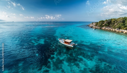 A small boat floats on crystal-clear turquoise water near a lush green coastline.