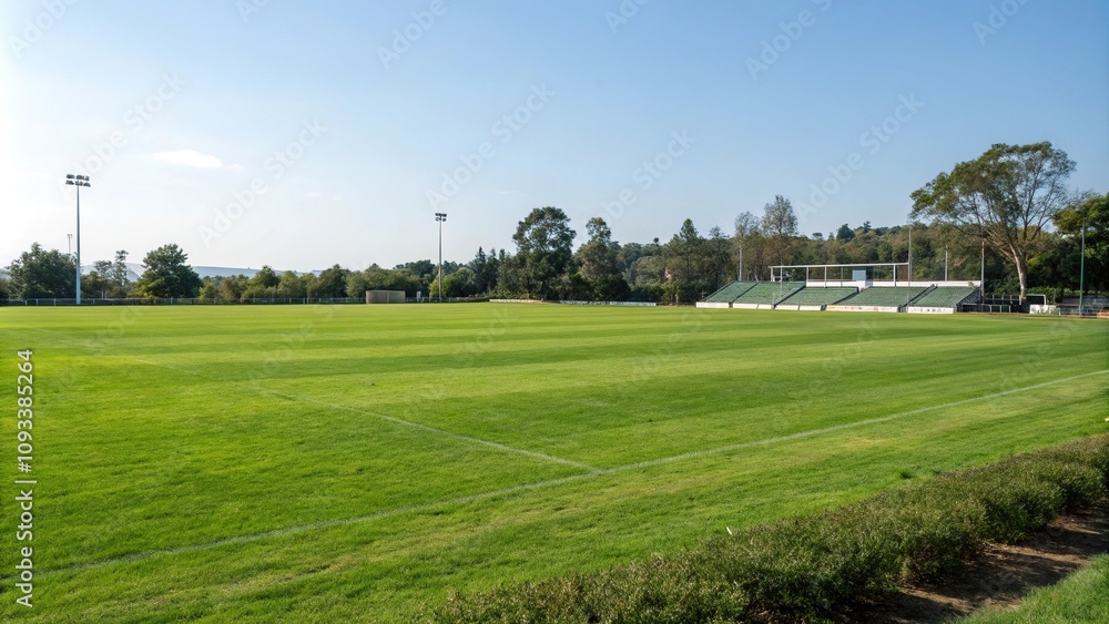 Lush green short cut grass sport field with a subtle gradient background, sports field, outdoor, verdant Lush green short cut grass sport field with a subtle gradient background, sports field, outdoor, verdant