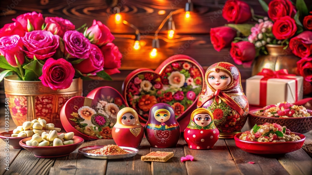Fototapeta premium Romantic Valentine's Day Product Photography in Russia Featuring Traditional Gifts, Floral Arrangements, Chocolate Boxes, and Heart-Shaped Decorations for a Festive Atmosphere