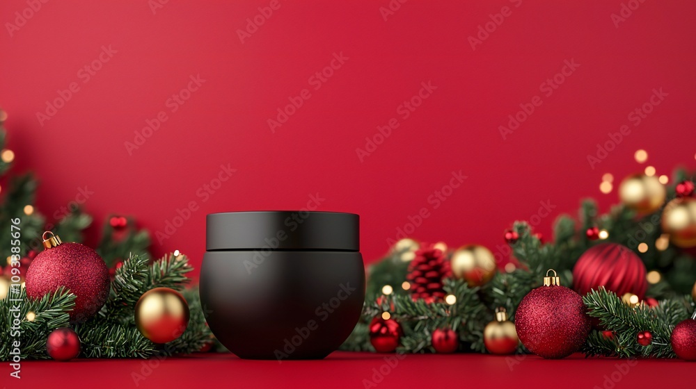Festive Black Jar Mockup Christmas Ornaments Red Background Festive Black Jar Mockup Christmas Ornaments Red Background