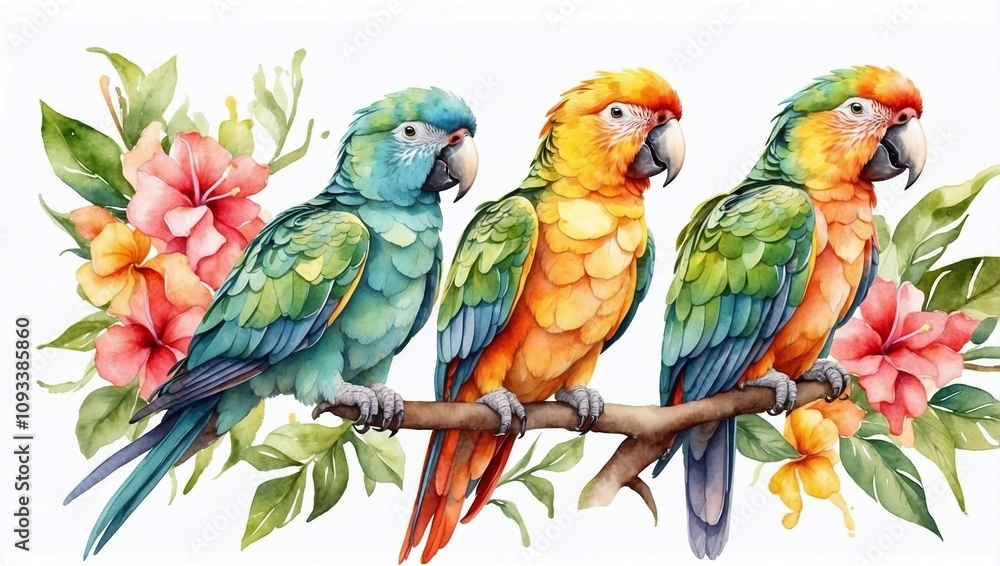 Vibrant Watercolor Parrots Flying, Beautiful Tropical Birds in Motion Vibrant Watercolor Parrots Flying, Beautiful Tropical Birds in Motion
