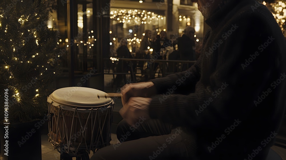 A person playing a drum, creating a rhythmic beat for the party. A person playing a drum, creating a rhythmic beat for the party.