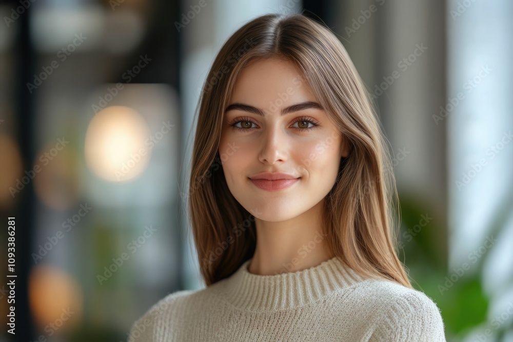Close-up headshot Confident European young woman, good looking teenager, middle aged leader, businesswoman, CEO on blurred office background. Beautiful young European businesswoman smiles at thecamera Close-up headshot Confident European young woman, good looking teenager, middle aged leader, businesswoman, CEO on blurred office background. Beautiful young European businesswoman smiles at thecamera