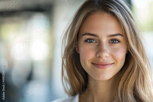 Close-up headshot Confident European young woman, good looking teenager, middle aged leader, businesswoman, CEO on blurred office background. Beautiful young European businesswoman smiles at thecamera