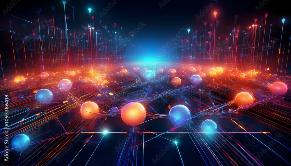 Vibrant digital landscape with glowing spheres and lines, creating an abstract futuristic scene.