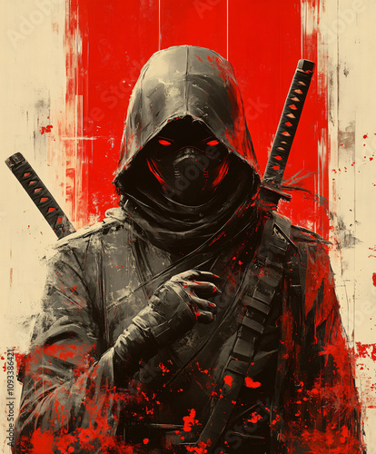 a stylized depiction of a ninja or similar warrior figure.  The figure is cloaked and hooded, with glowing red eyes visible through the mask.  Two katanas are sheathed on their back. The background is photo