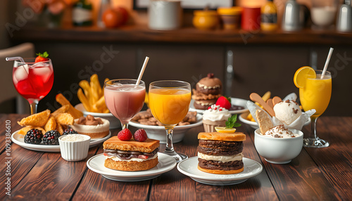 Delicious treats and glasses of drink on wooden table. Sweet buffet isolated with white highlights, png