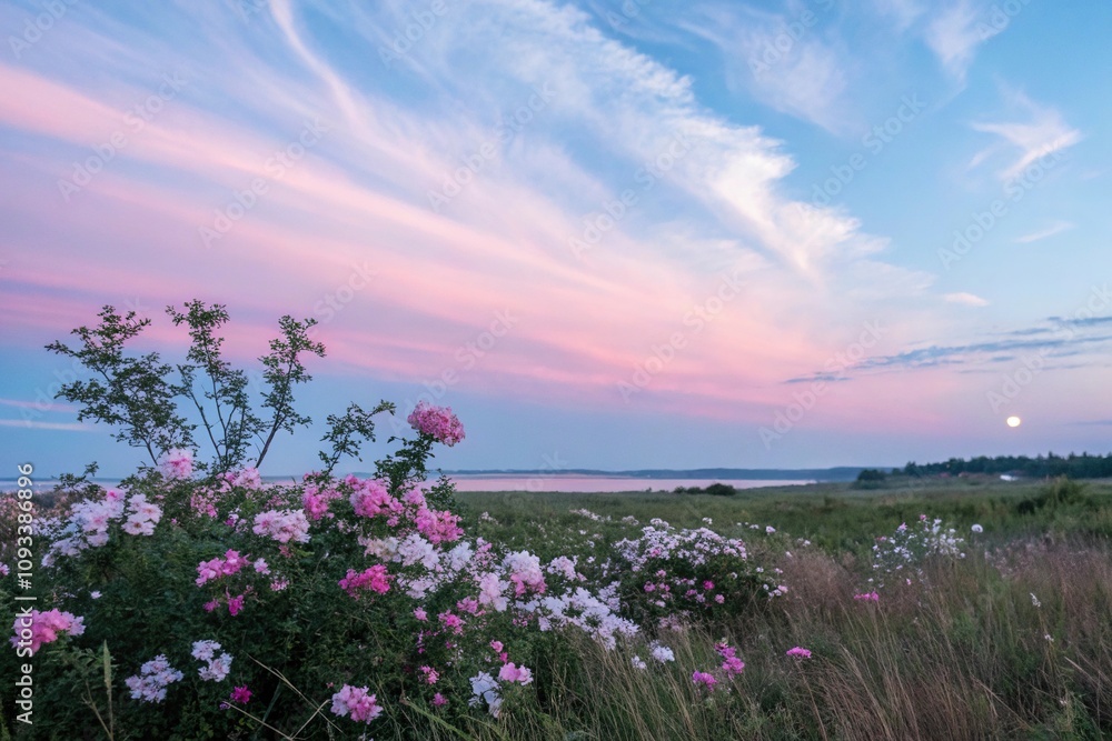 Pastel pink and blue shades dance across the sky at dawn amidst blooming flowers, natural world, pink