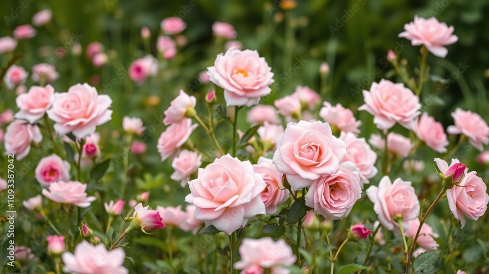 Pastel pink roses blooming in a lush meadow, soft colors, flowers Pastel pink roses blooming in a lush meadow, soft colors, flowers