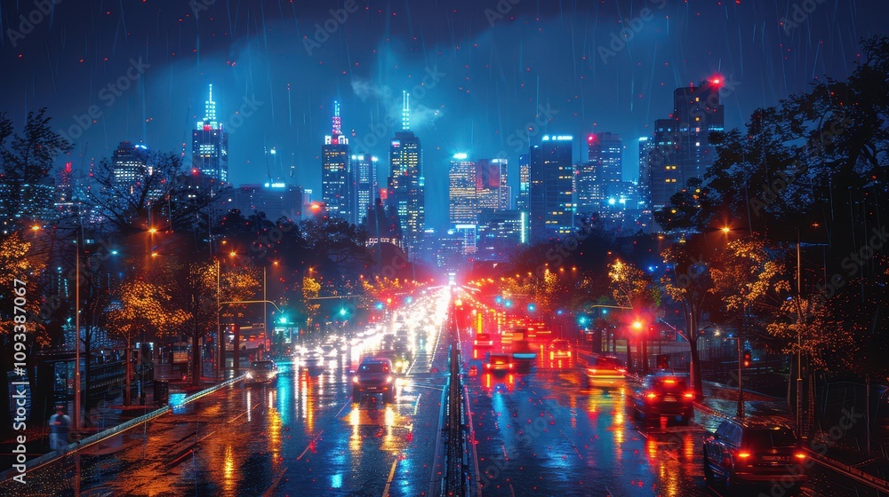 Urban nightscape illuminated by city lights reflecting on rain-soaked streets in Melbourne, Australia. Generative AI Urban nightscape illuminated by city lights reflecting on rain-soaked streets in Melbourne, Australia. Generative AI