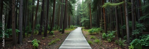 path through dense low country forest with wooden boardwalk, forest canopy, Spanish moss, overgrown vegetation