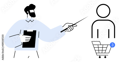 Man pointing at a user icon and a shopping cart with three notifications, holding a clipboard. Ideal for e-commerce, online shopping, user engagement, marketing strategy, sales analytics, digital