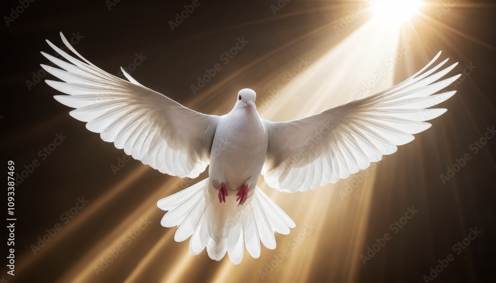 Fototapeta premium illustration of a white dove flying free with delicate rays of light behind it