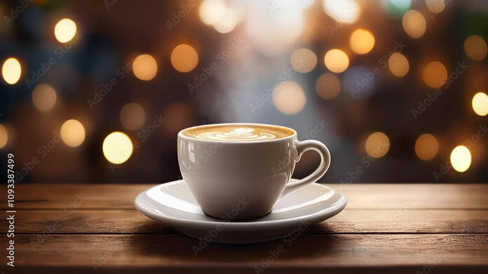 Steaming cup of coffee with creamy latte art foam on a wooden table, set against a magical and cozy atmosphere with warm bokeh lights in the background Steaming cup of coffee with creamy latte art foam on a wooden table, set against a magical and cozy atmosphere with warm bokeh lights in the background