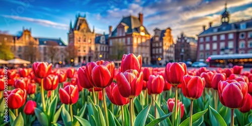 Selective focus on a field of tulips in Amsterdam's Museum Square, captured in a mesmerizing long exposure.