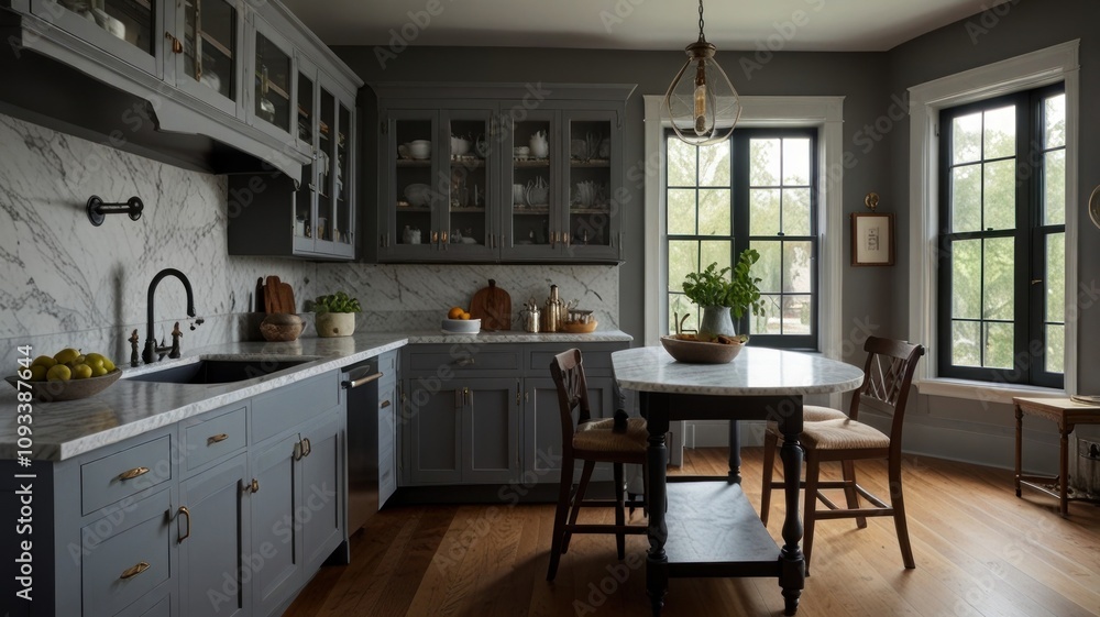 Gray kitchen cabinets, marble countertops, and hardwood floors with round table and chairs by windows. Gray kitchen cabinets, marble countertops, and hardwood floors with round table and chairs by windows.