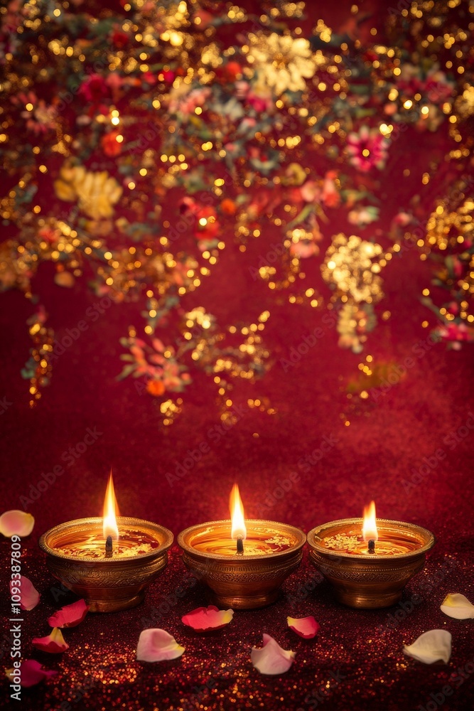 Beautiful Diwali Candles with Flower Petals and Glowing Background for Festive Home Decoration and Celebrations - Warm Lighting and Rich Colors Beautiful Diwali Candles with Flower Petals and Glowing Background for Festive Home Decoration and Celebrations - Warm Lighting and Rich Colors