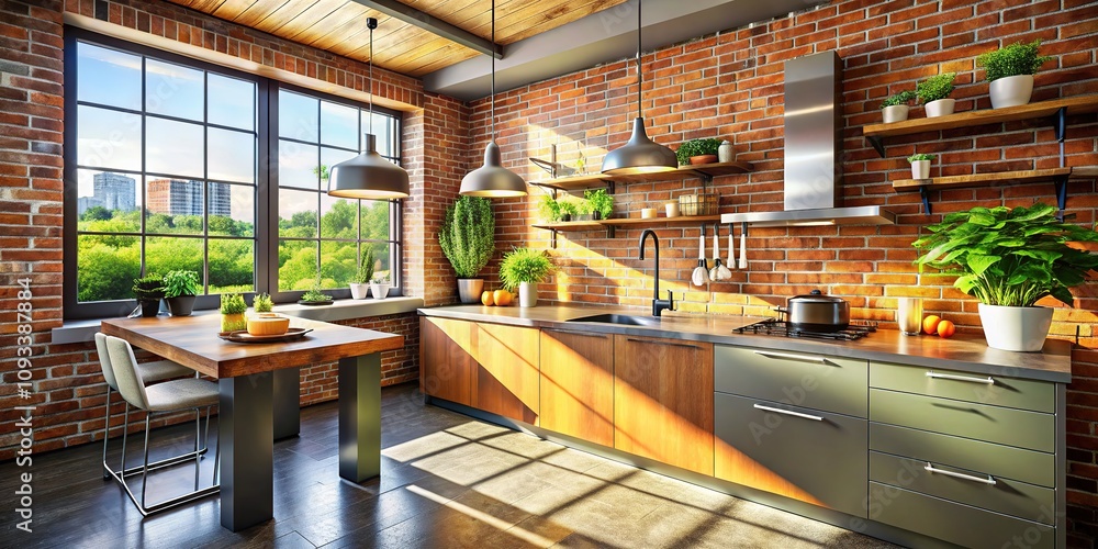 Sharp details showcase the contrast of smooth surfaces and rustic brick in a contemporary kitchen. Sharp details showcase the contrast of smooth surfaces and rustic brick in a contemporary kitchen.