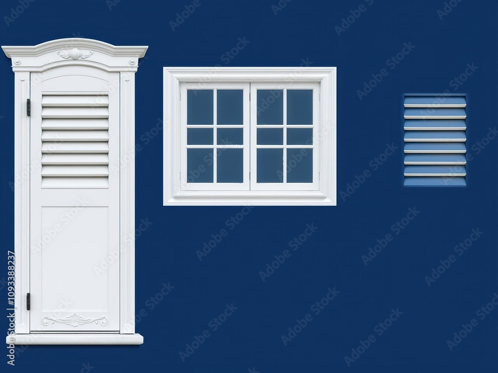 Fototapeta premium Simple white window on a dark blue wall facade, with ornate wooden frames and elegant shutters, facade, shutters, old building