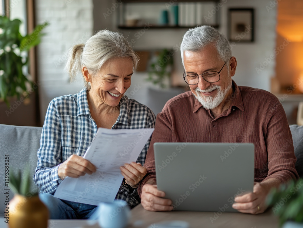 Joyful elder couple enjoying a moment of discovery while working together at home Joyful elder couple enjoying a moment of discovery while working together at home