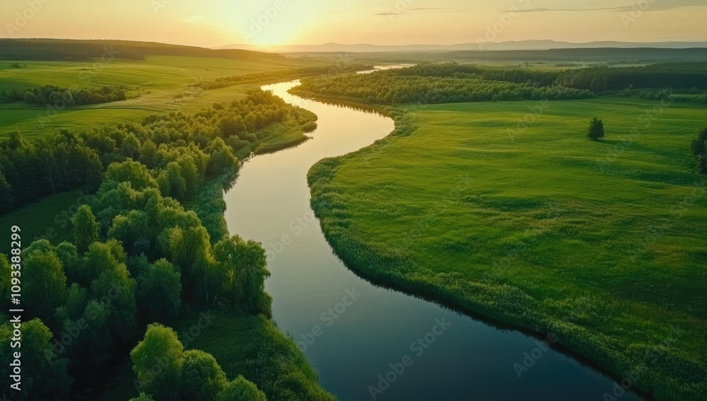 Aerial View of Winding River through Green Field and Forest at Sunset in Russian Landscape Aerial View of Winding River through Green Field and Forest at Sunset in Russian Landscape