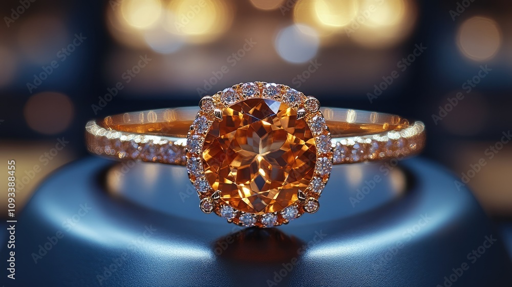 Fototapeta premium A stunning orange gemstone ring with sparkling accents, displayed elegantly on a pedestal.