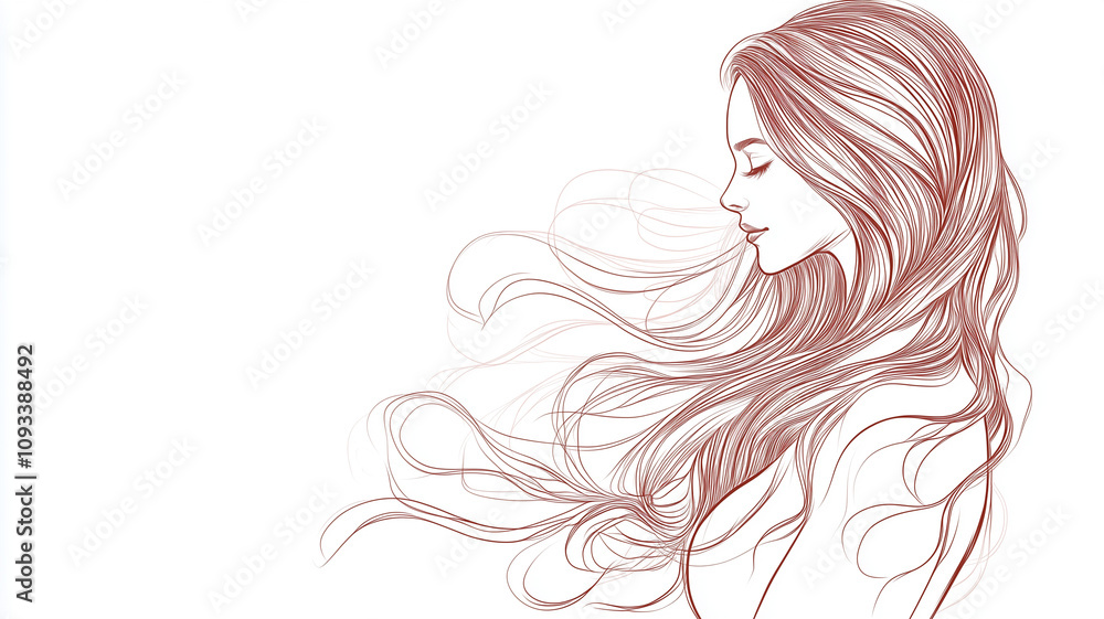 One-line drawing style, no details, side view of a beautiful pregnant woman with long hair. White background One-line drawing style, no details, side view of a beautiful pregnant woman with long hair. White background