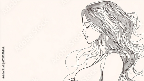 One-line drawing style, no details, side view of a beautiful pregnant woman with long hair. White background