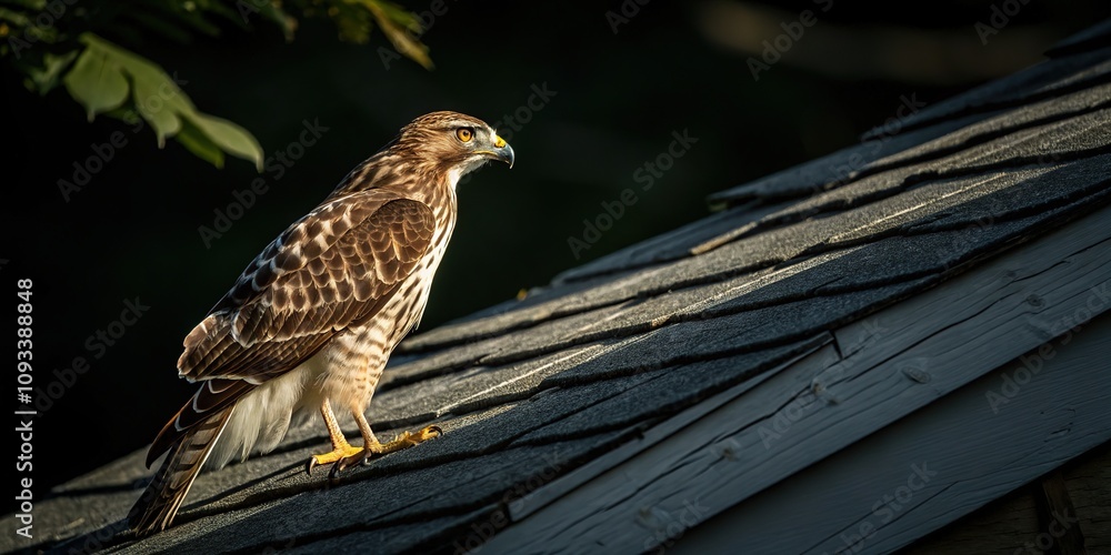 Obraz premium Softly lit red-tailed hawk juvenile, perched on a roof. Photorealistic AI art.