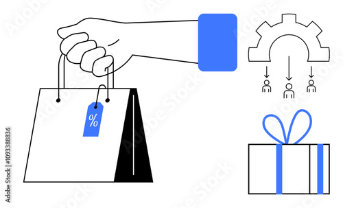 Hand holding shopping bag with discount tag, distribution diagram, and gift box wrapped in blue ribbon. Ideal for e-commerce, retail, marketing, consumer behavior, promotions, online shopping