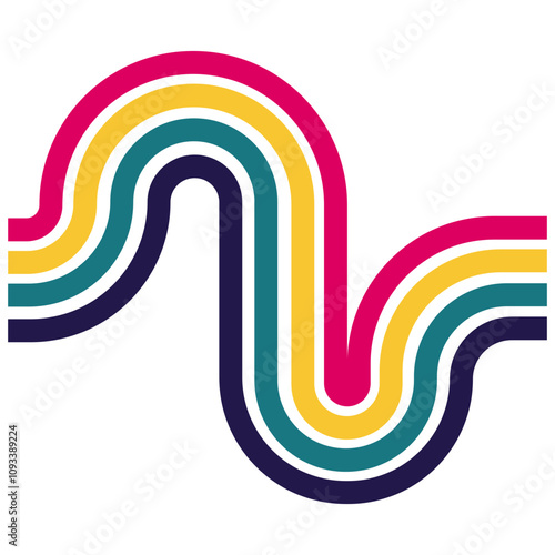 Abstract rainbow colour waves vector background. Geometric vibrant wavy stripe backdrop. Groovy multicoloured curved stripes wallpaper. 70s groovy line.