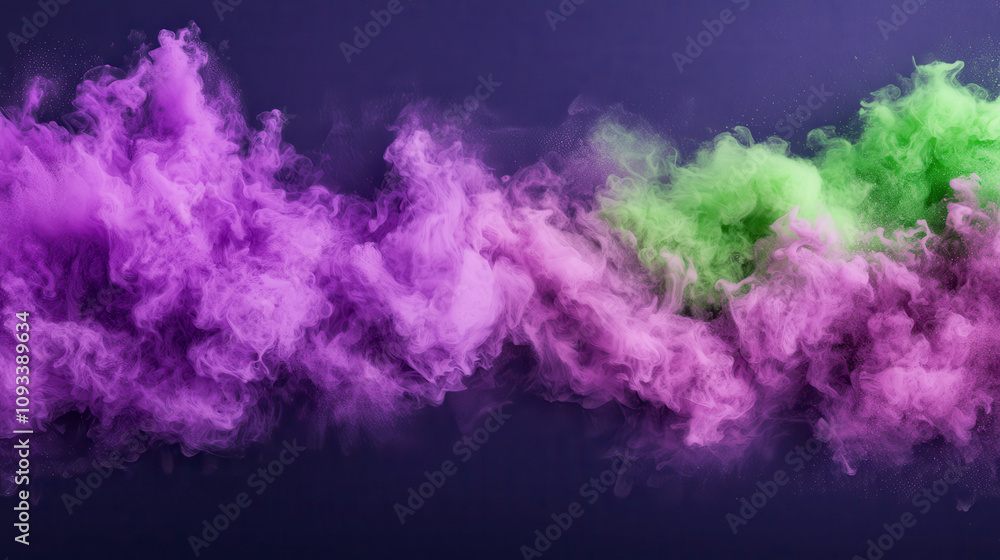 Fototapeta premium Vibrant purple and green smoke swirling dynamically on dark background