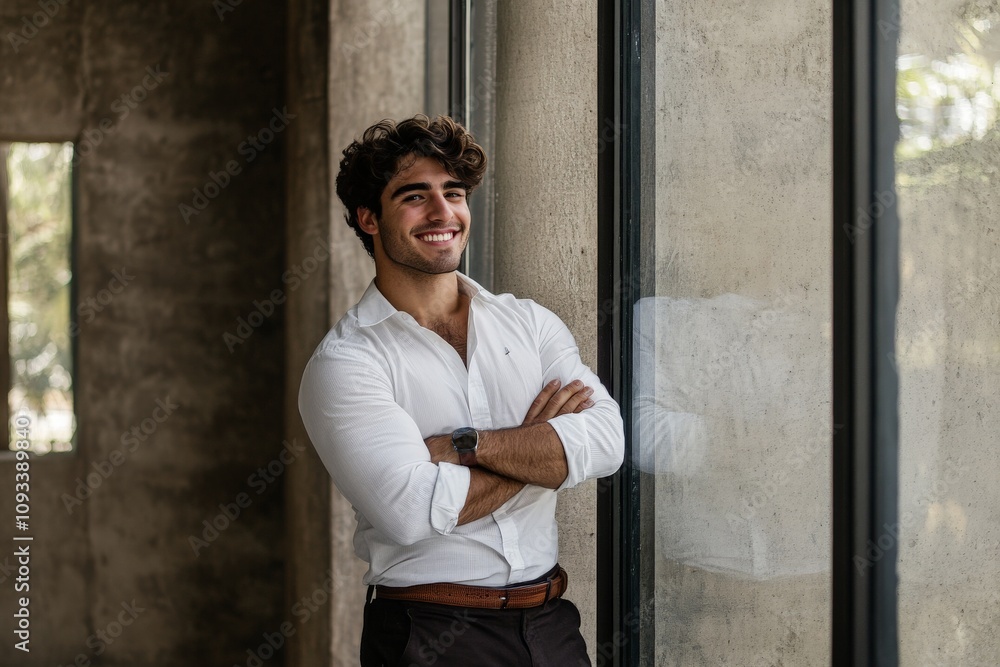 Confident Young Man in White Shirt Smiling by Modern Windows, Embracing Success in Stylish Office Environment Confident Young Man in White Shirt Smiling by Modern Windows, Embracing Success in Stylish Office Environment