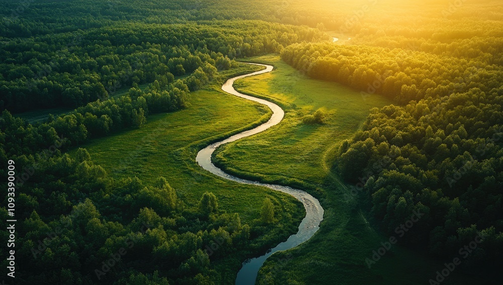 Aerial View of Winding River in Green Field and Forest at Sunset, Russian Landscape, Summer Scene Aerial View of Winding River in Green Field and Forest at Sunset, Russian Landscape, Summer Scene