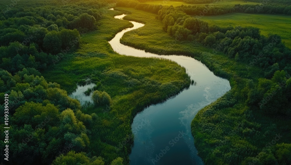 Aerial View of Winding River in Green Field and Forest at Sunset, Summer Landscape Aerial View of Winding River in Green Field and Forest at Sunset, Summer Landscape