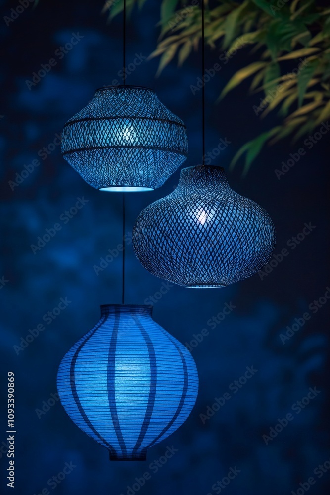 Obraz premium Elegant Blue Hanging Lanterns Illuminating Night Sky - Beautiful Decorative Lighting for Home Decor, Events, and Outdoor Spaces