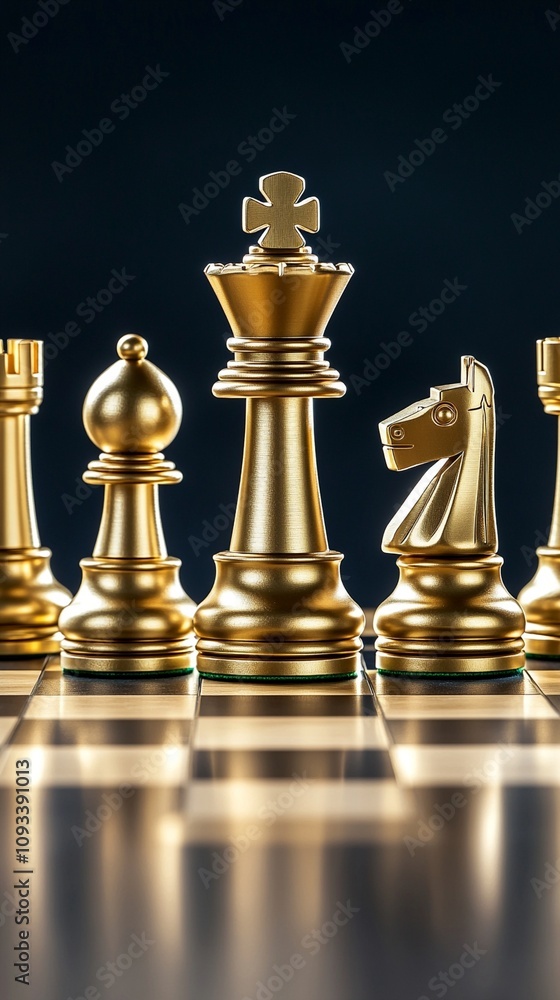 Golden chess pieces stand in formation on a reflective surface, showcasing the king, pawn, and knight in a dramatic display of strategy and power. Golden chess pieces stand in formation on a reflective surface, showcasing the king, pawn, and knight in a dramatic display of strategy and power.