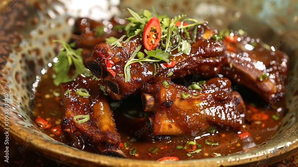 A dish of succulent ribs covered in a rich spicy sauce A dish of succulent ribs covered in a rich spicy sauce