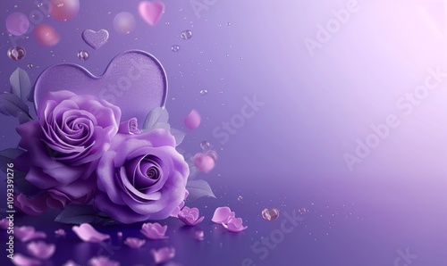 3d Rendering. Design for Mother's Day and Valentine Day illustration. purple rose flower and heart shape, bokeh on purple background. With Copy space, Generative AI
