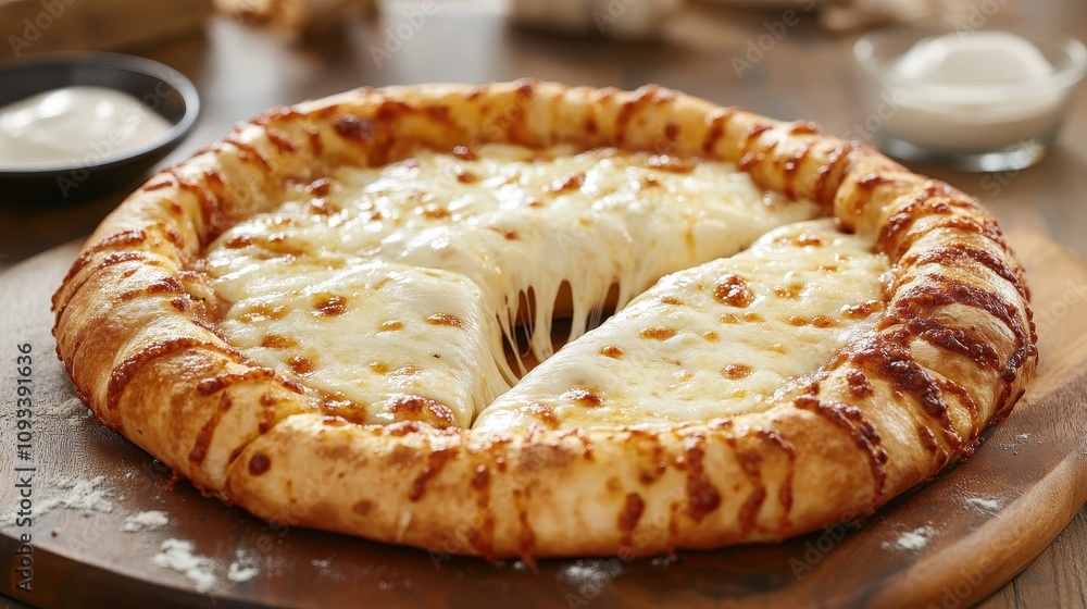 A cheese pizza with molten mozzarella being pulled apart, revealing the gooey texture and crispy crust, placed on a wooden pizza board ready to be enjoyed A cheese pizza with molten mozzarella being pulled apart, revealing the gooey texture and crispy crust, placed on a wooden pizza board ready to be enjoyed