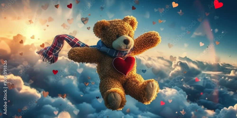 a teddy bear flying through the air with a heart on its chest and a scarf around his neck, Generative AI a teddy bear flying through the air with a heart on its chest and a scarf around his neck, Generative AI
