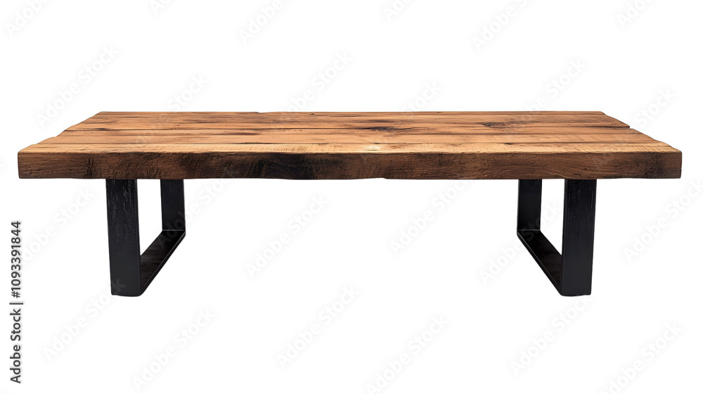 A rustic coffee table with a reclaimed wood top and black metal legs, placed on a pure white background A rustic coffee table with a reclaimed wood top and black metal legs, placed on a pure white background